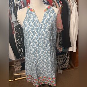 THML Blue and Pink Leaf Pattern Mini Dress